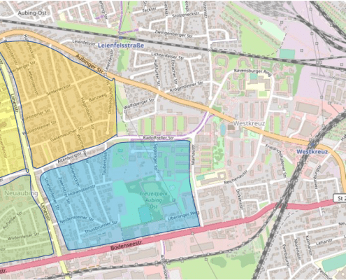 Karte mit Legende Kiezblocks in Neuaubing-Ost