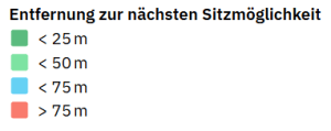 Legende Potentialkarte Sitzmöglichkeiten grün bis 25 m, blau bis 50 m, rot größer 75 m