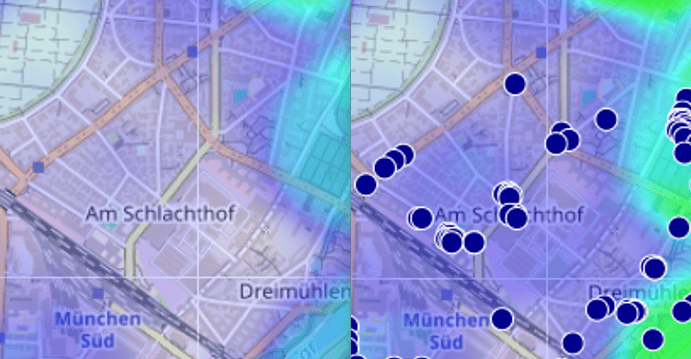 Kartenausschnitt Sitzbänke Schlachhofviertel links vorher - rechts nachhermit mehr Bänken