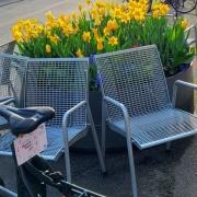 Sitzmöglichkeiten mit MunichWays Logo am Rad in der Weißenseestr.