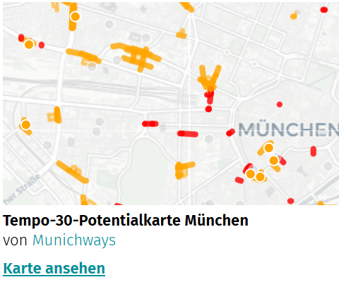 Kartenausschnitt mit etext aus der uMap Vorschau Tempo-30-Potentialkarte-München