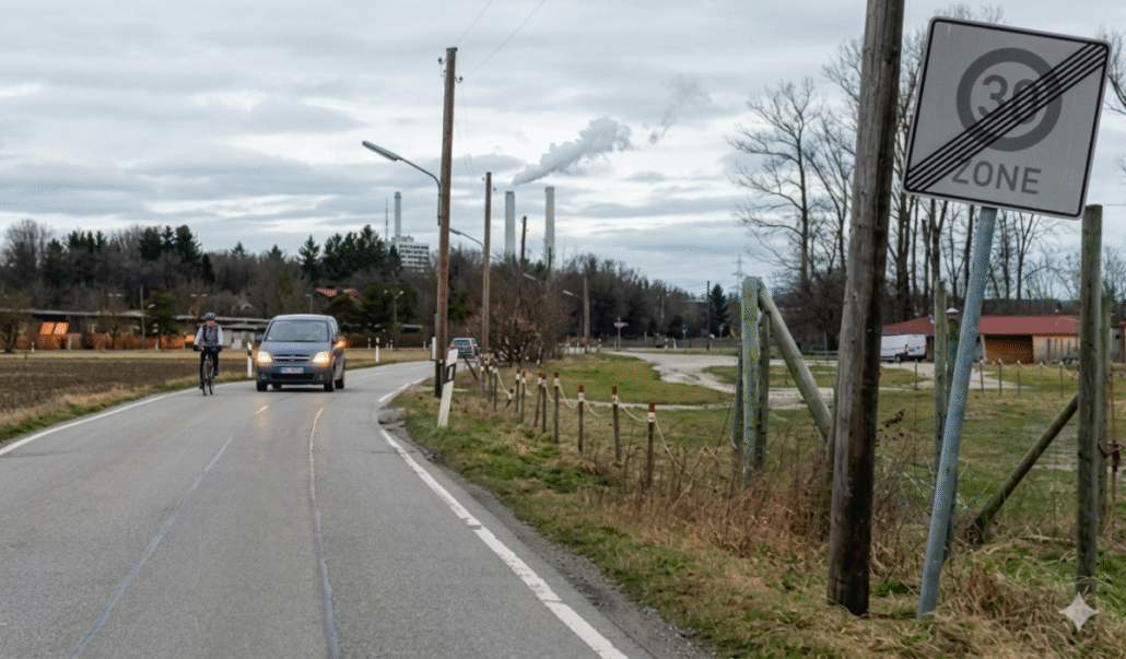 Tempo 30 Ende, Radfahrer wird überholt. Tempo30 Lücke Savitsstr